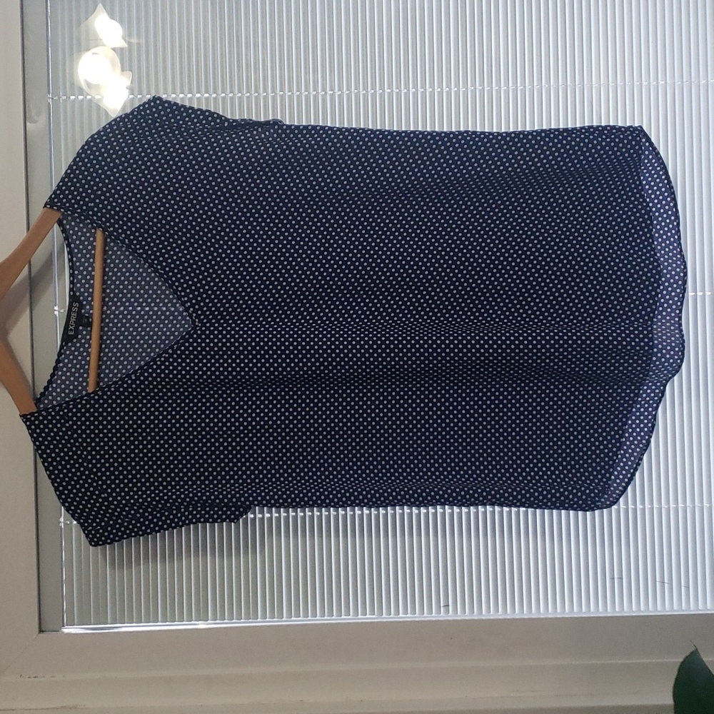 Express Blue with White Polka Dot Blouse size M EUC